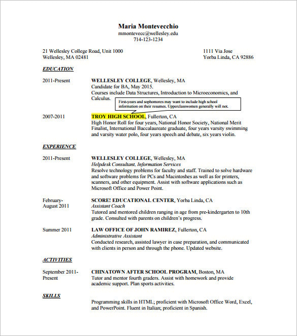 sample college student resume pdf free download