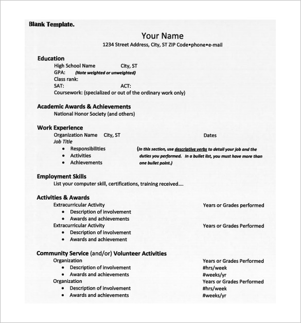 high school resume template for college admissions