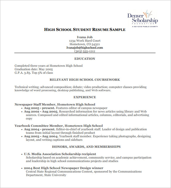 High School Resume Template - 9+ Free Word, Excel, PDF Format Download!