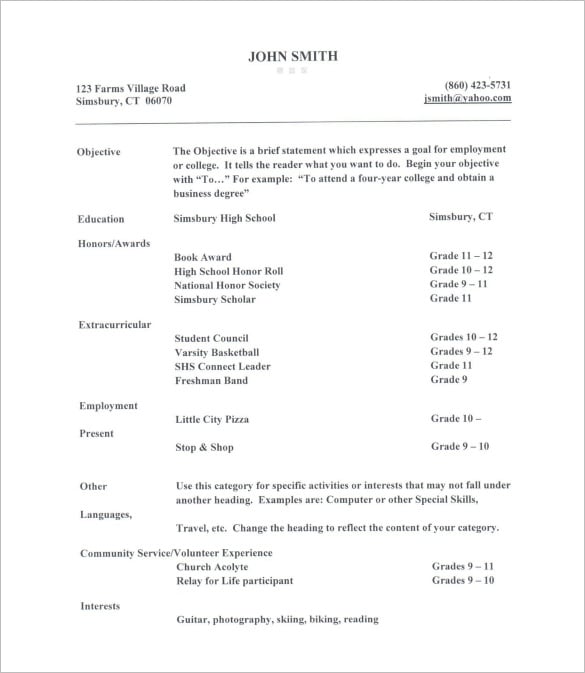 high school resume for college pdf free download