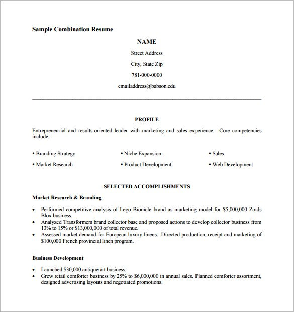 Combo resume samples