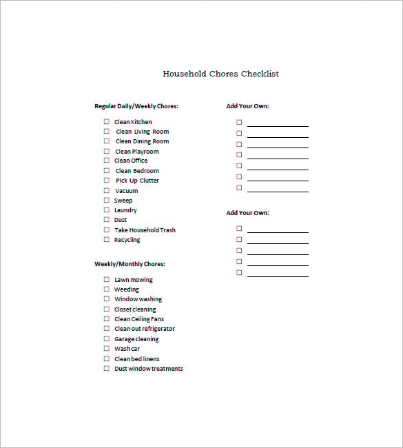 Chore List Template 10 Free Word Excel Pdf Format