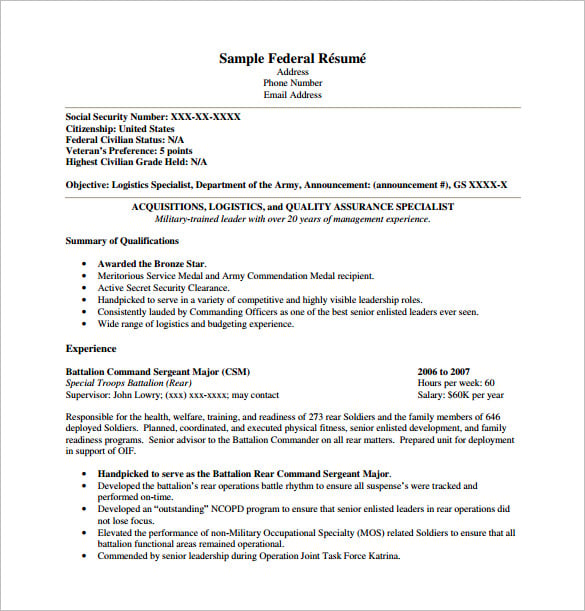Free sample resume for government jobs