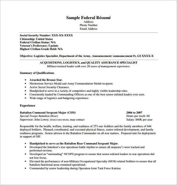 Federal Resume Template 13 Free Word Excel PDF Format Download 