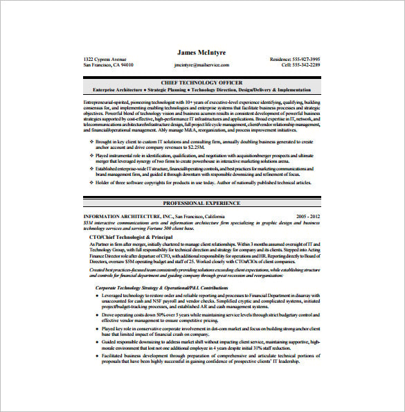 chief technology officer executive resume pdf download
