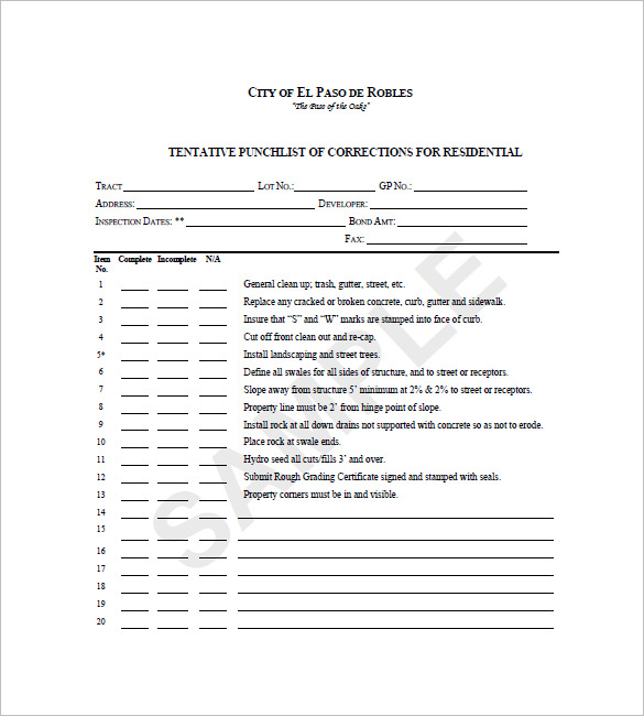 Apartment Punch List Template