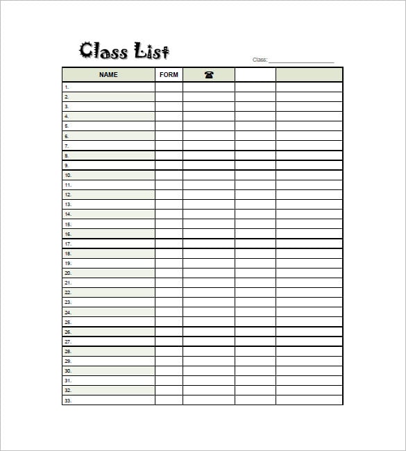 elementary class list template