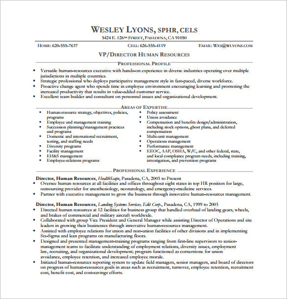 hr executive resume pdf template download