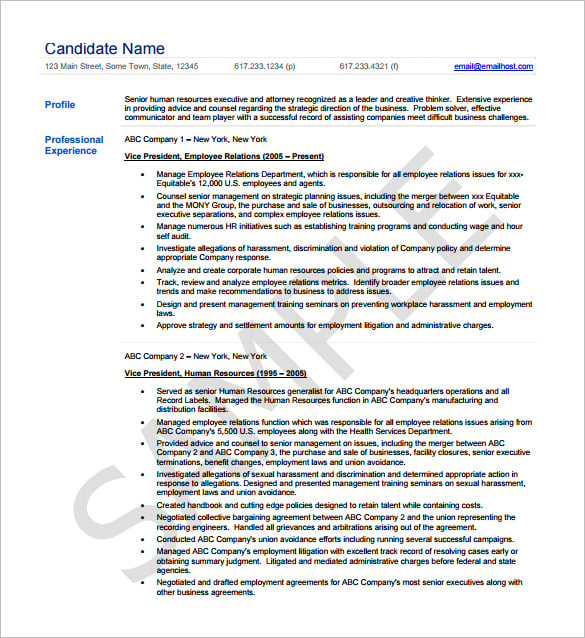 senior hr executive resume pdf template