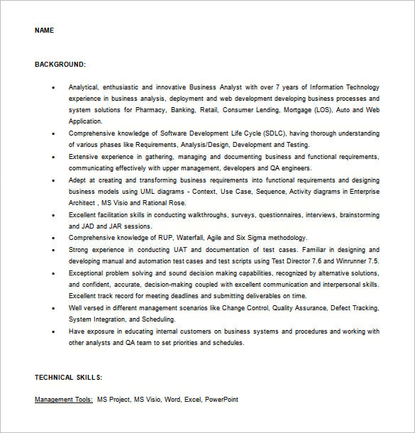 experienced business analyst resume word free download