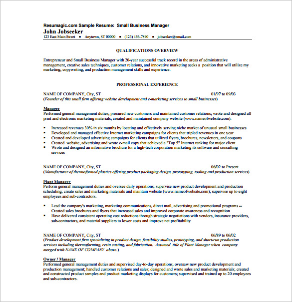 small business manager resume pdf template