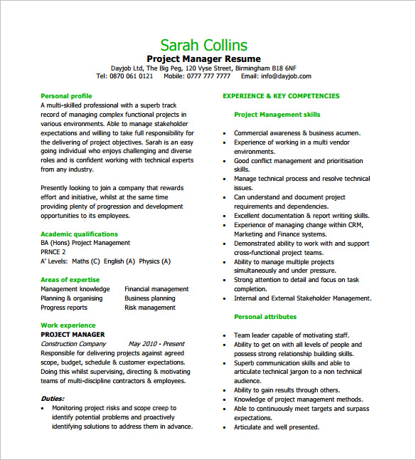 Project Manager Resume Template 10 Free Word Excel Pdf Format