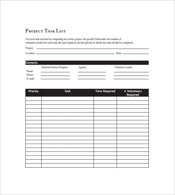 daily project task list template