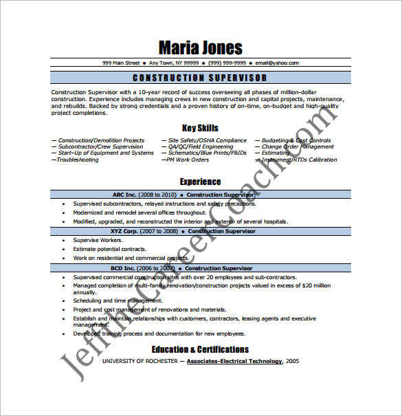 Resume sample construction supervisor