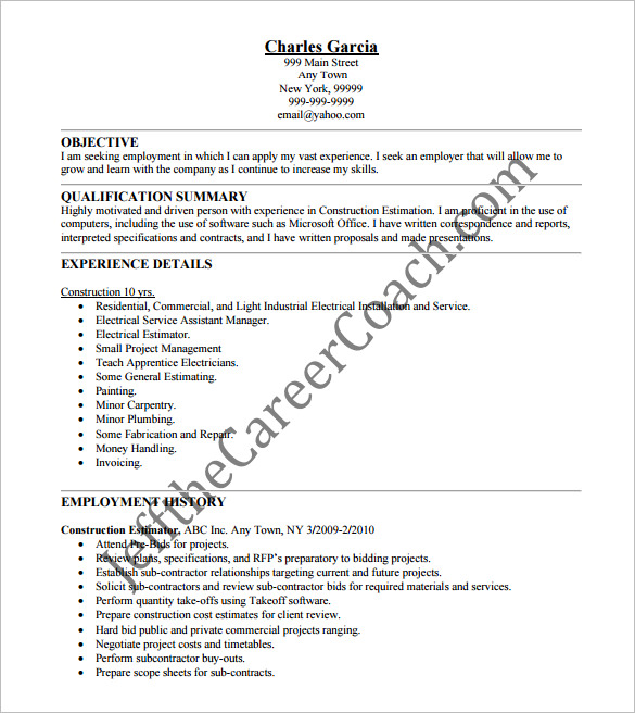 construction estimator resume pdf free downlaod