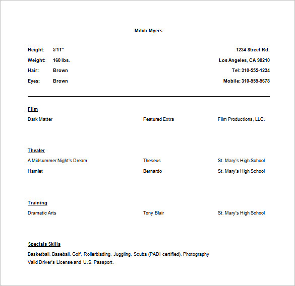 Acting Resume Template - 7+ Free Word, Excel, PDF Format Download!