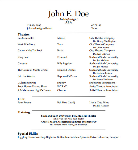 Acting Resume Template 7  Free Word Excel PDF Format Download