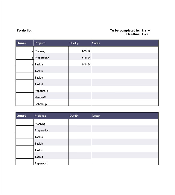 Project Task List Template