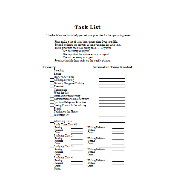 sample project task lis