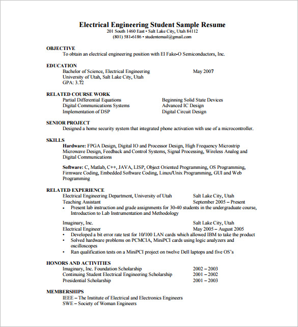 Download resume formats for engineering students