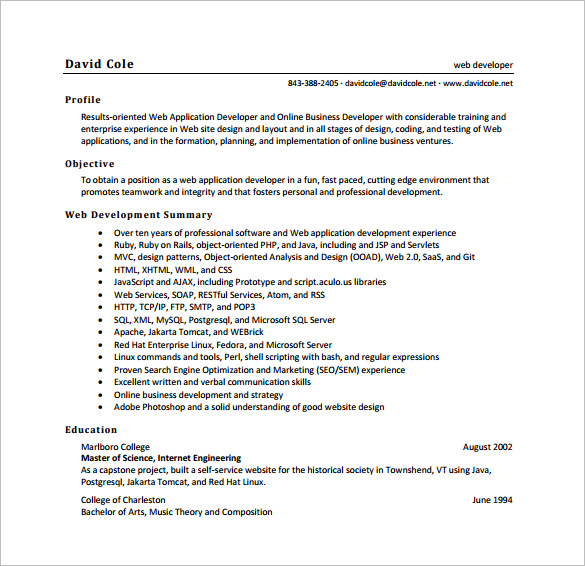 web developer resume pdf free download