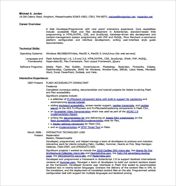 html web developer resume pdf free download