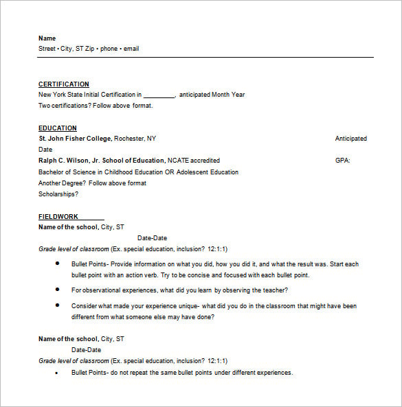 teacher one page resume word free download