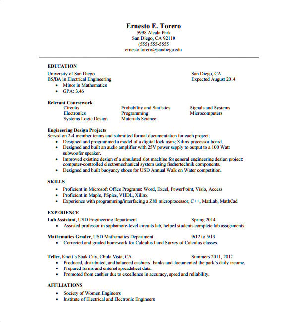engineering student one page resume free pdf