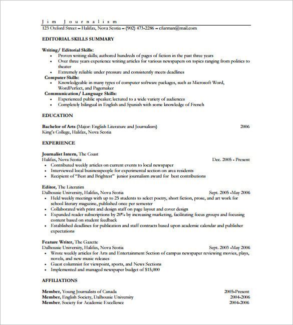 journalist one page resume free pdf download