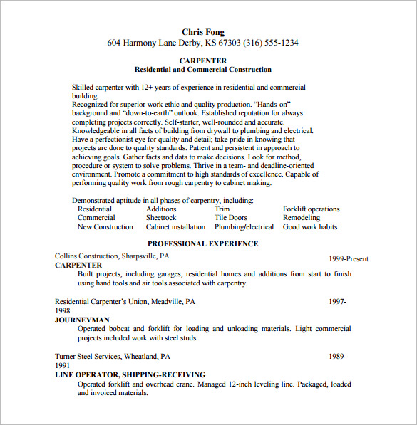 Carpenter Resume Template 8+ Free Word, Excel, PDF Format Download!