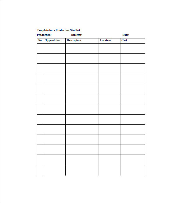 Shot List Template 12  Free Sample Example Format