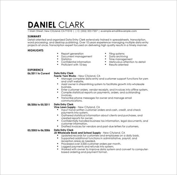 Data Entry Resume Template 8 Free Word Excel Pdf Format