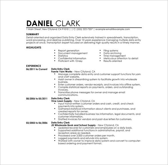 Data Entry Resume Template 18 Word Excel PDF Format Download 