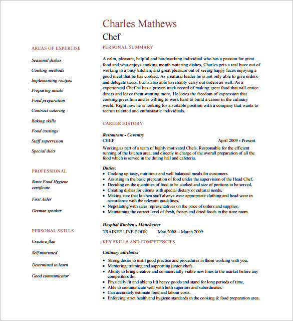 chef resume template pdf free downlaod