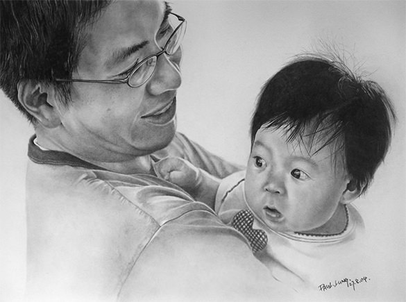 father with his daughter pencil drawing