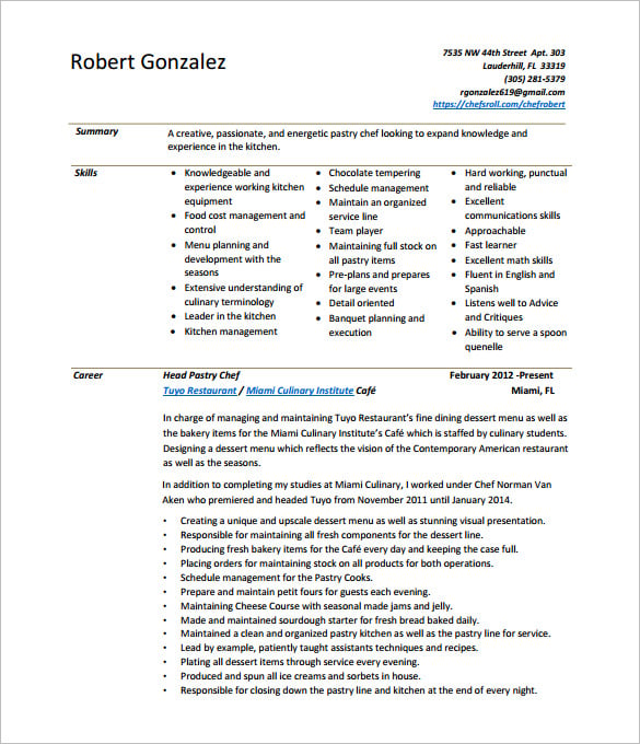 pastry chef resume pdf free download