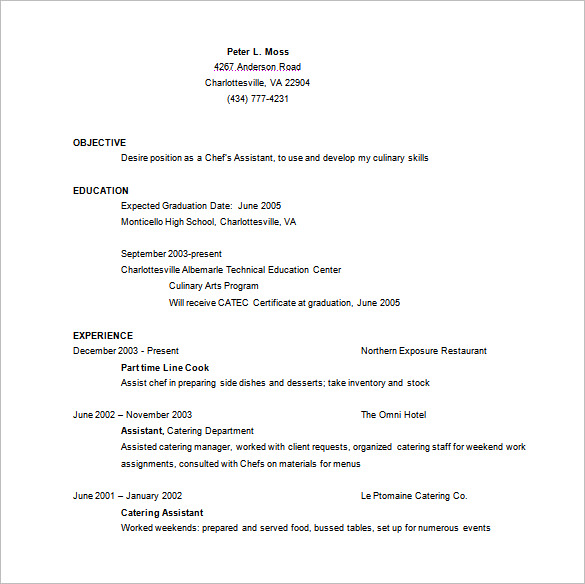 free assistant chef resume word template