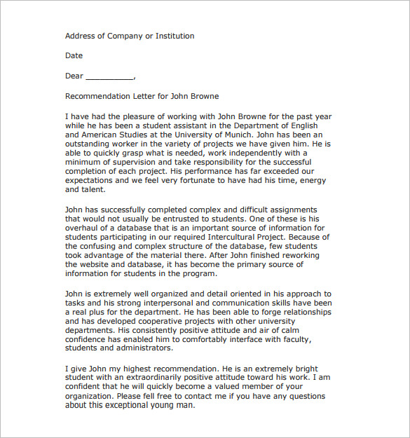 Letter Of Recommendation Sample For Student Athlete | PDF Template