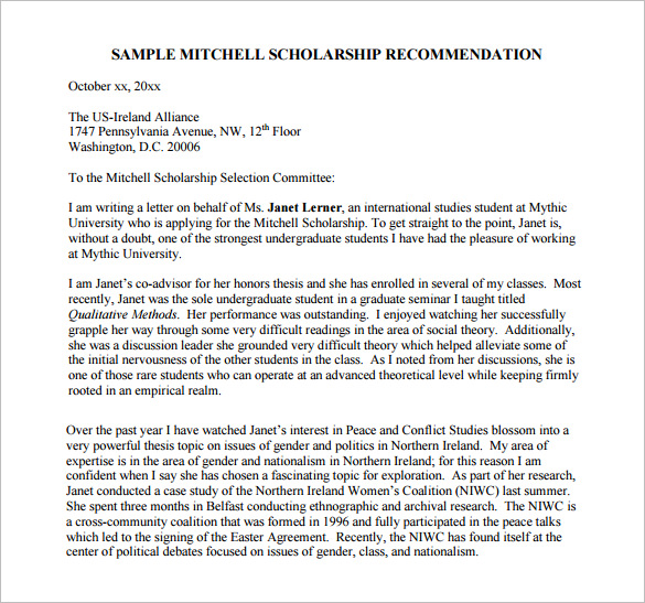 Writing a recommendation letter for scholarship example