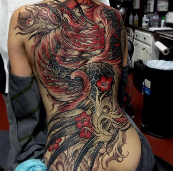 phoenix bird full back tattoo