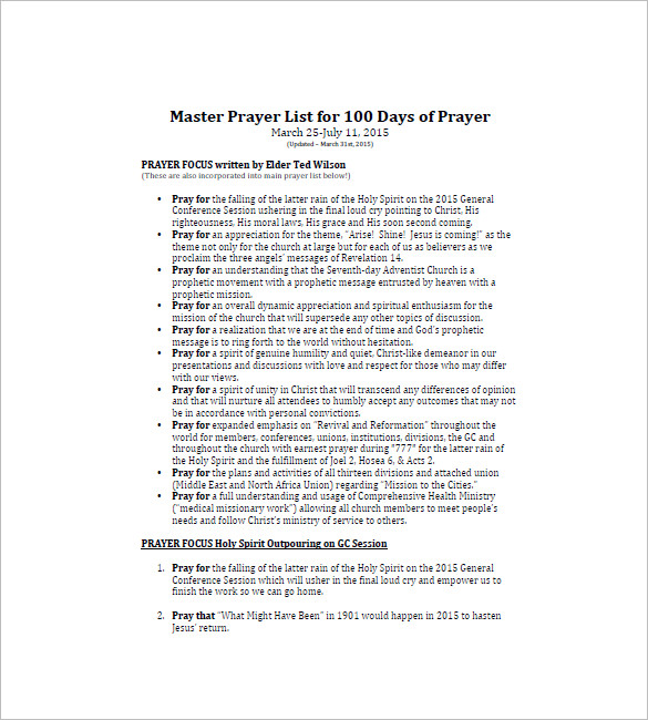 Prayer List Template 8+ Free Sample, Example, Format Download! Free