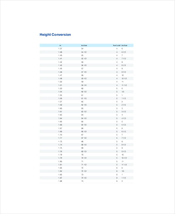 Height And Weight Conversion Chart 7+ Free PDF Documents Download