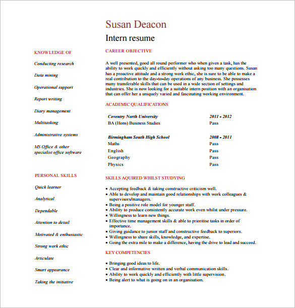 internship resume for student free pdf template