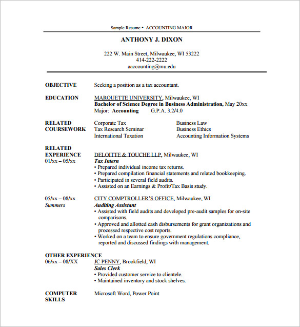 accounting internship resume pdf free download