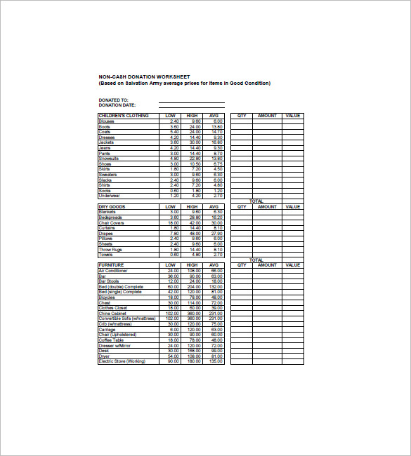 sample donation list template