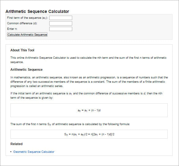 formula for arithmetic sequence calculator