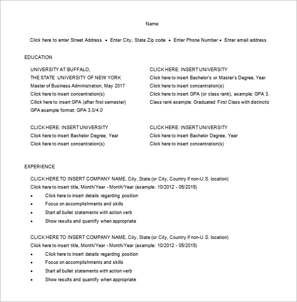 master of business administration resume word free download