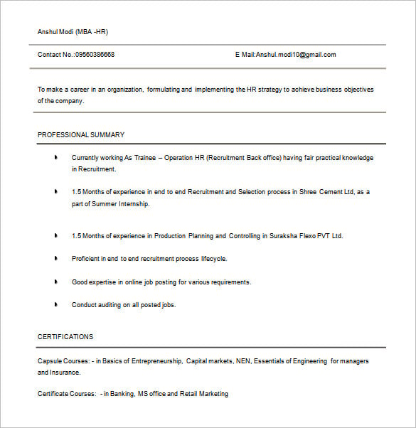mba hr resume word template free download