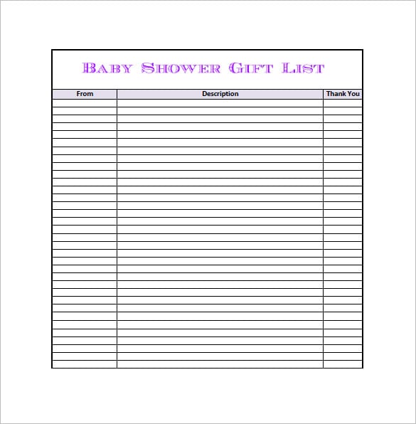 Baby Shower Gift List Template 5+ Free Sample, Example, Format