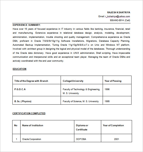 oracle database administrator resume word free download